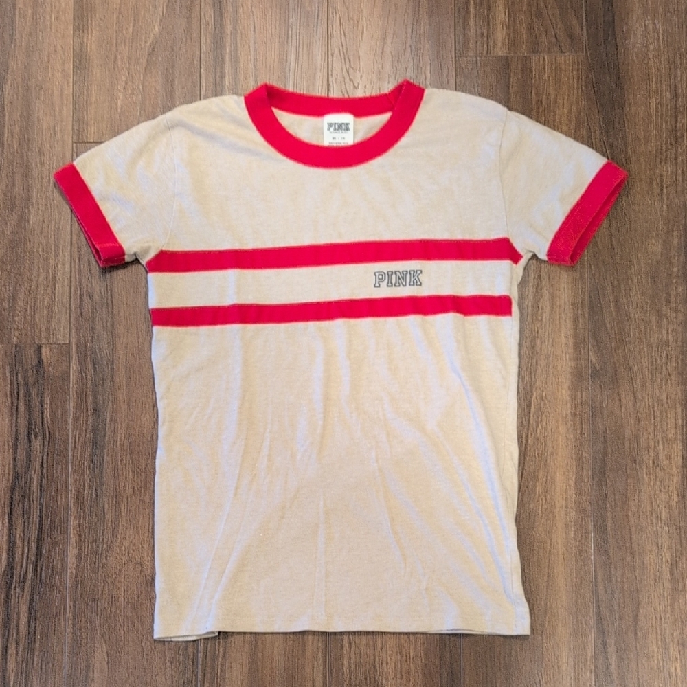Tan Short Sleeve Tee with Red Accents and Stripe Varsity Style Victoria's Pink